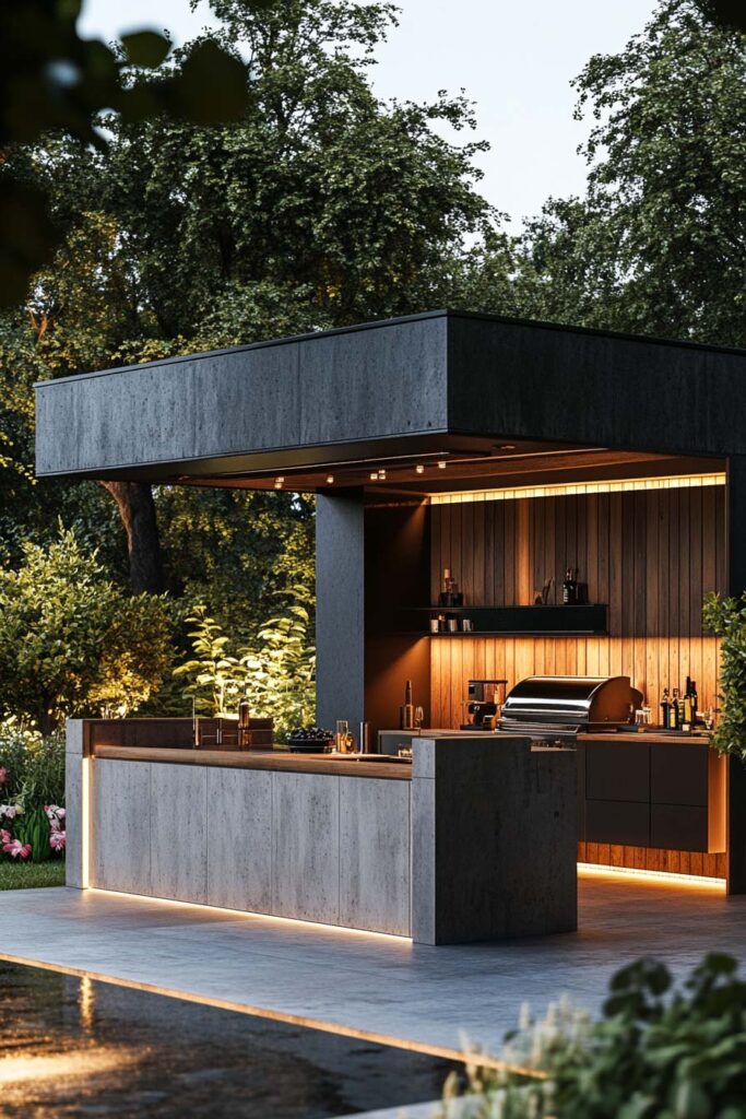 Modern outdoor grill station with concrete countertops, wood paneling, built-in grill, and integrated LED lighting