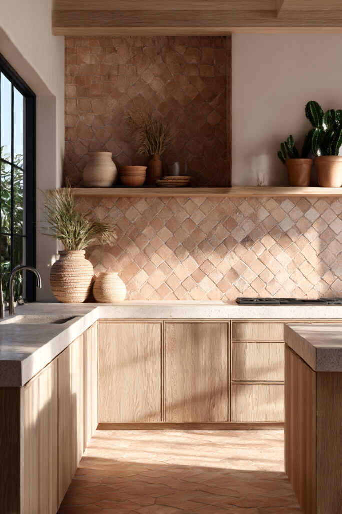 Kitchen with a terracotta clay tile backsplash, light wood cabinets, open shelving, and natural textures in a warm Mediterranean-inspired design.