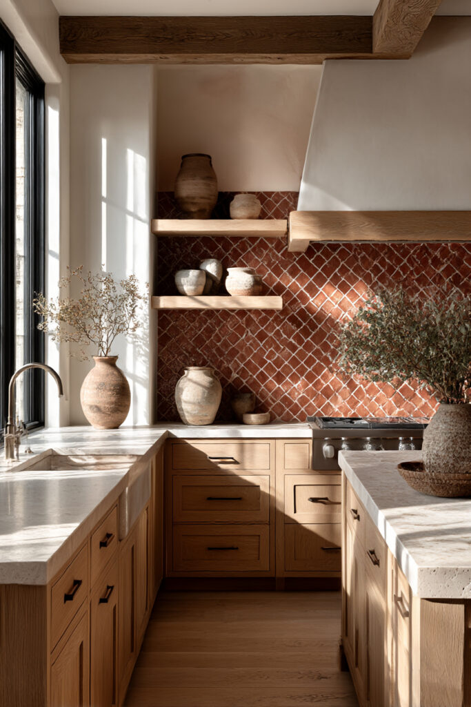 Kitchen with terracotta tile backsplash in a diagonal pattern, light wood cabinets, stone countertops, and open shelves in a warm, rustic design.