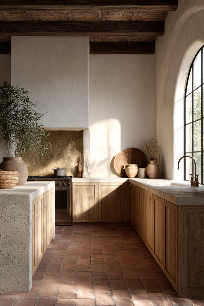 Kitchen with clay and stone backsplash, plaster walls, light wood cabinets, terracotta floor tiles, and exposed wood ceiling beams.