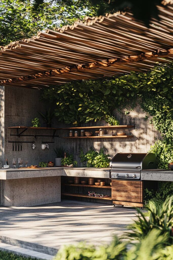 Outdoor grill station with concrete countertop, wood shelving, slatted pergola, built-in grill, and lush greenery