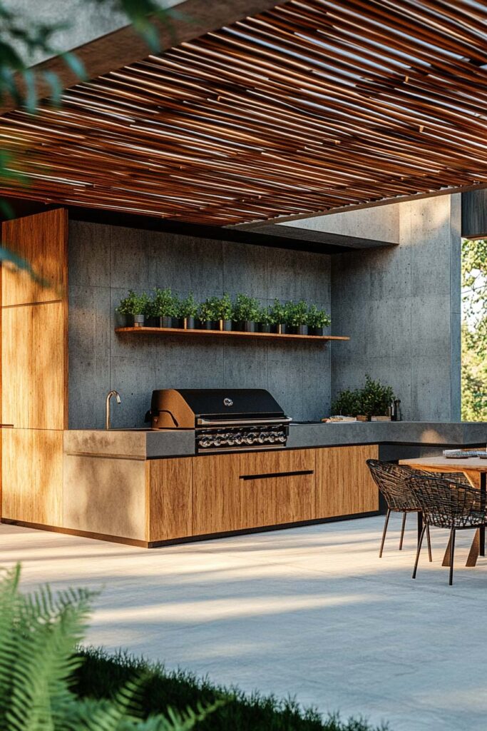 Modern outdoor grill station with concrete walls, wood cabinetry, built-in gas grill, herb shelf, and slatted wood ceiling.