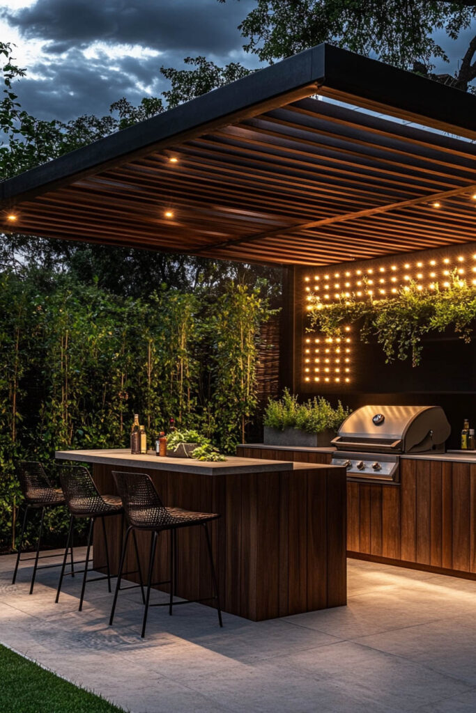Modern outdoor grill station with bar seating, built-in gas grill, wood cabinetry, pergola roof, and warm outdoor lighting at night.