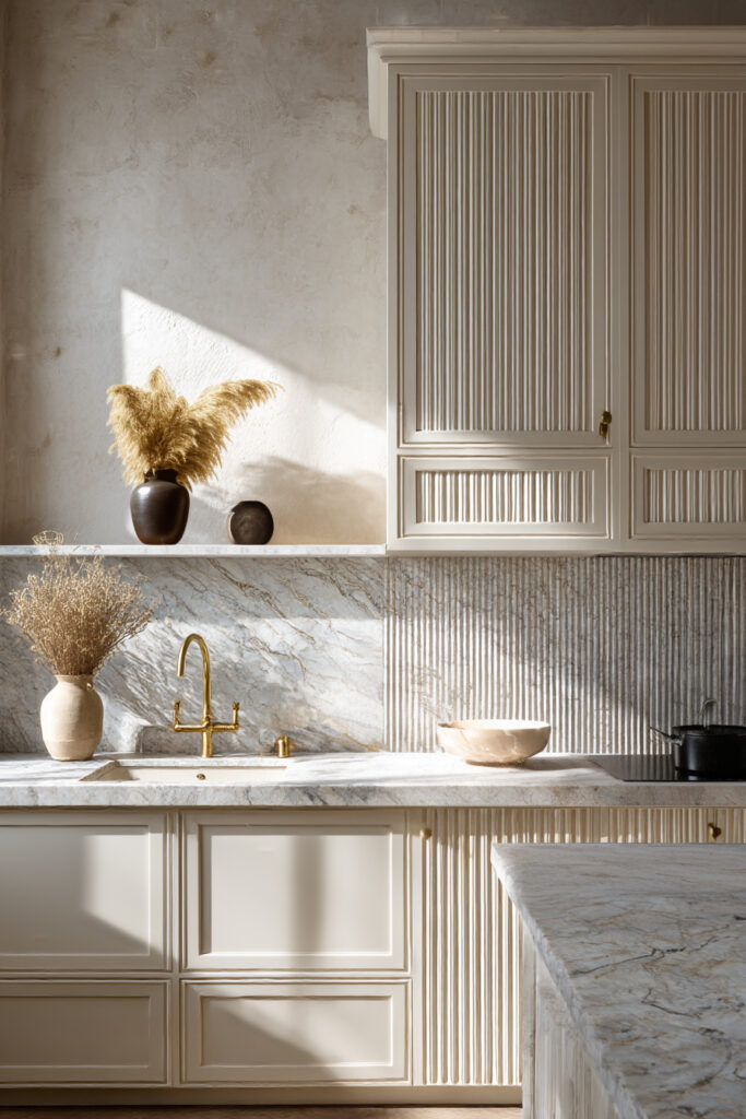 Textured stone kitchen backsplash with vertical ridges, marble counters, brass faucet, and warm neutral kitchen decor