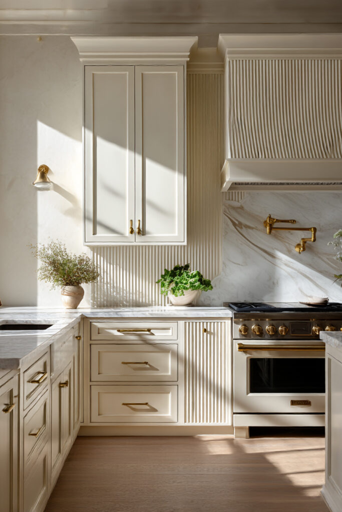 Cream kitchen with a vertically textured stone backsplash, marble countertops, fluted cabinet details, and brass hardware in a classic design.