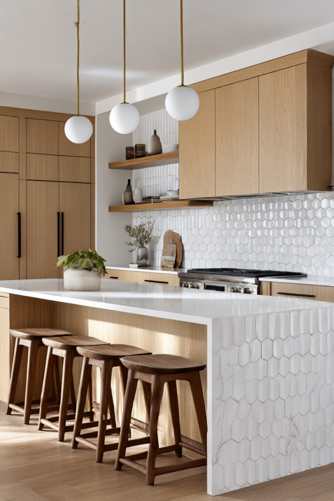 Modern kitchen with white textured tile backsplash, warm wood cabinets, open shelves, and a light neutral color palette.
