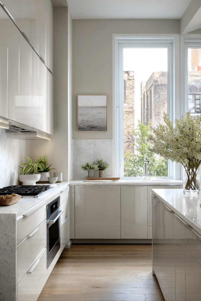 Modern neutral kitchen with glossy cabinets, marble backsplash, dimensional surfaces, and natural light creating a warm textured kitchen design