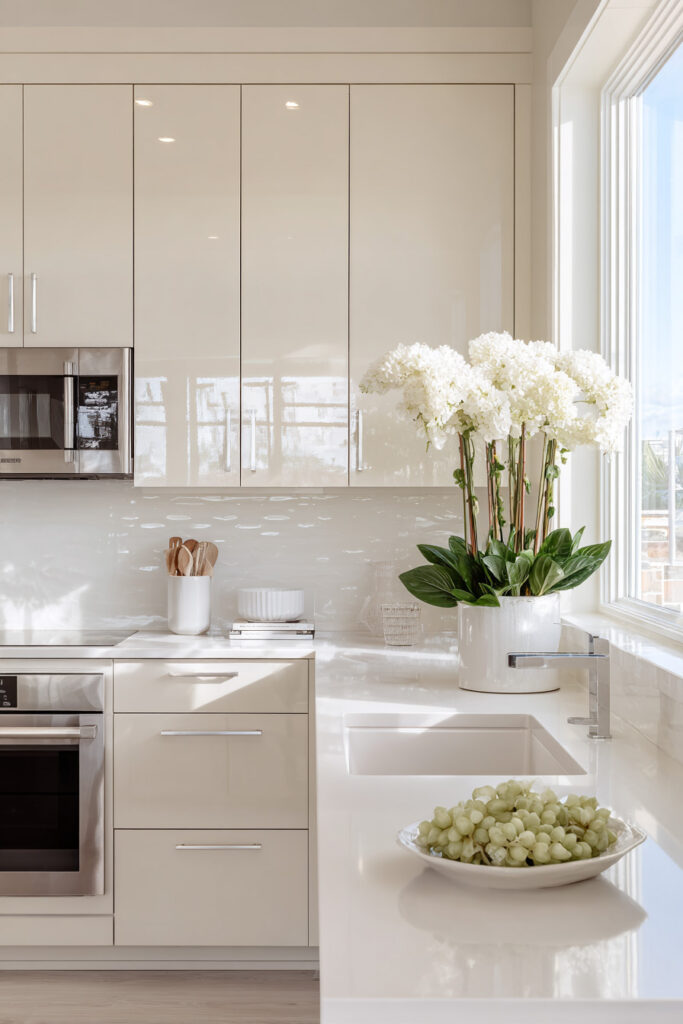 Neutral modern kitchen with glossy cabinetry, dimensional backsplash, and textured surfaces creating depth and warmth in a contemporary kitchen design.