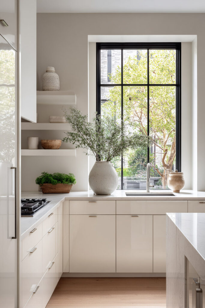 Warm neutral kitchen with minimalist cabinetry, natural light, and subtle dimensional surfaces creating depth in modern textured kitchen design.