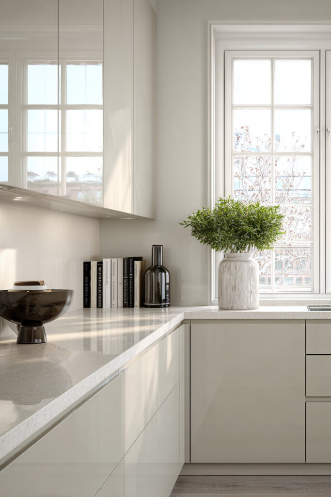 Modern neutral kitchen with glossy cabinets, sleek countertop, black bowl, glass vase, and potted greenery in natural light