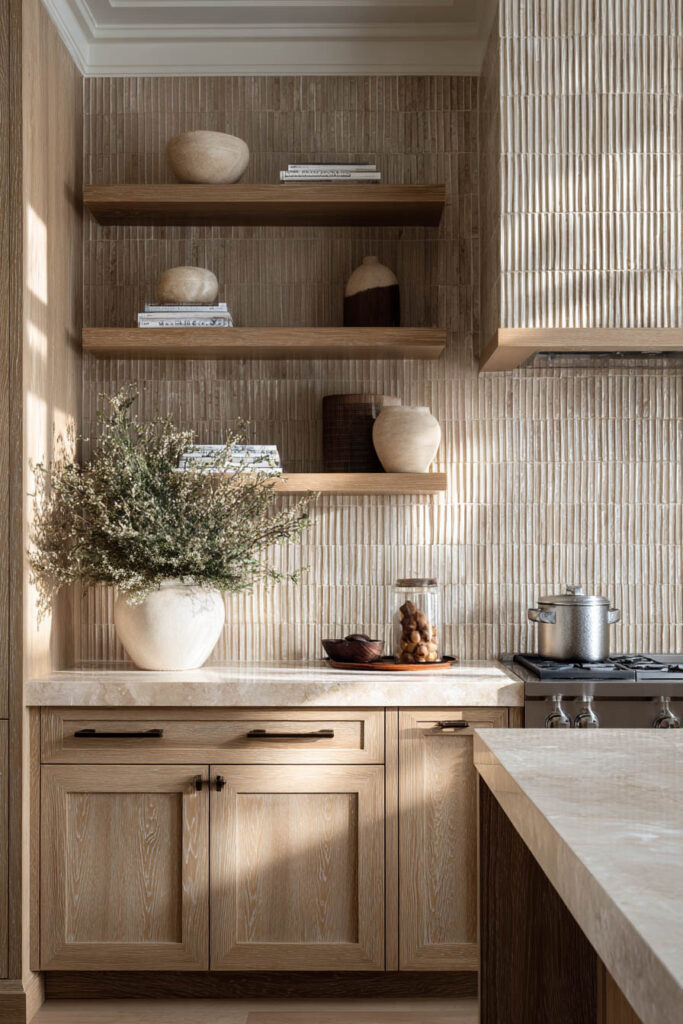 Kitchen with ribbed backsplash tiles, wood cabinetry, open shelves with vases and books, natural sunlight highlighting texture