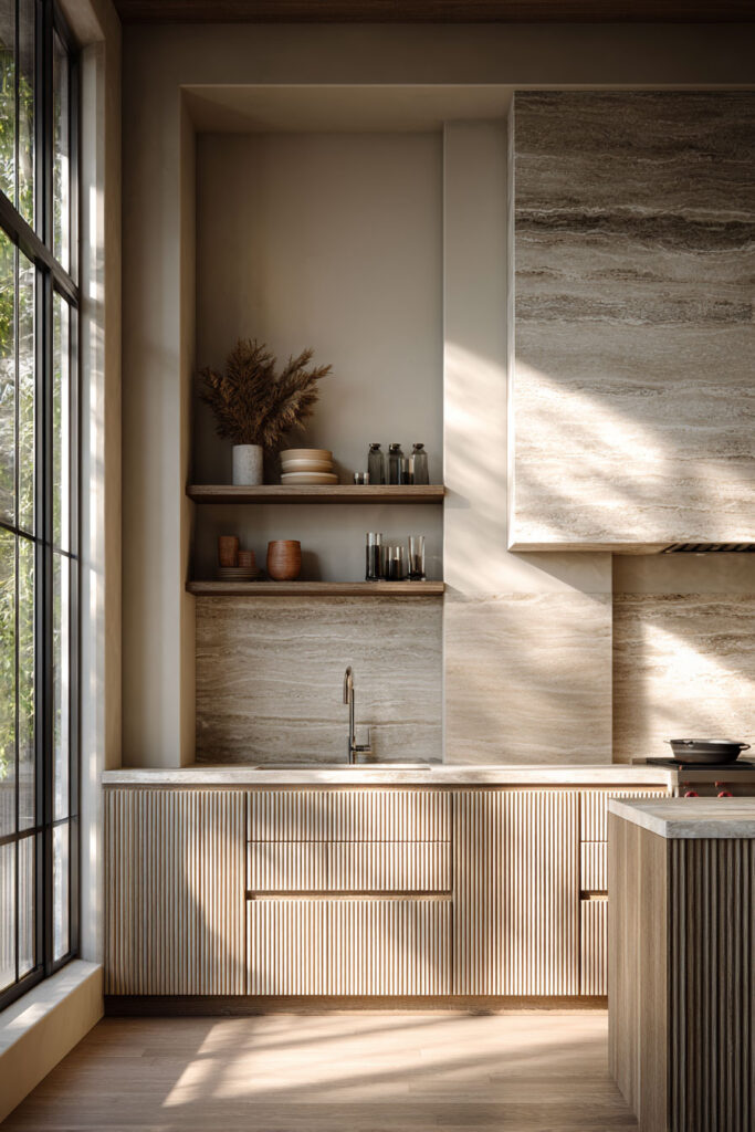 Modern neutral kitchen with ribbed cabinetry, textured stone backsplash, and layered dimensional surfaces in warm natural materials.