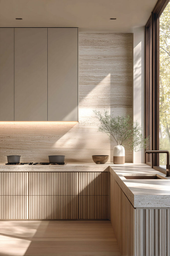 Modern neutral kitchen with ribbed cabinetry and textured stone backsplash, showcasing layered dimensional surfaces in contemporary kitchen design.