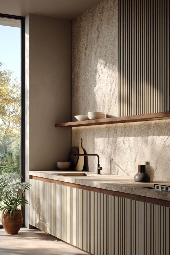 Modern neutral kitchen with ribbed cabinetry and textured stone backsplash, showcasing dimensional surfaces and layered materials in warm organic kitchen design.