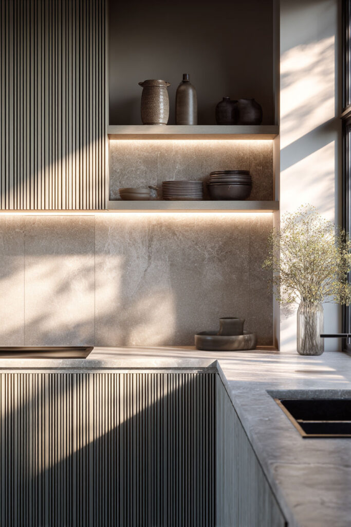 Ribbed kitchen cabinetry with textured stone backsplash and dimensional surfaces in a modern neutral kitchen design