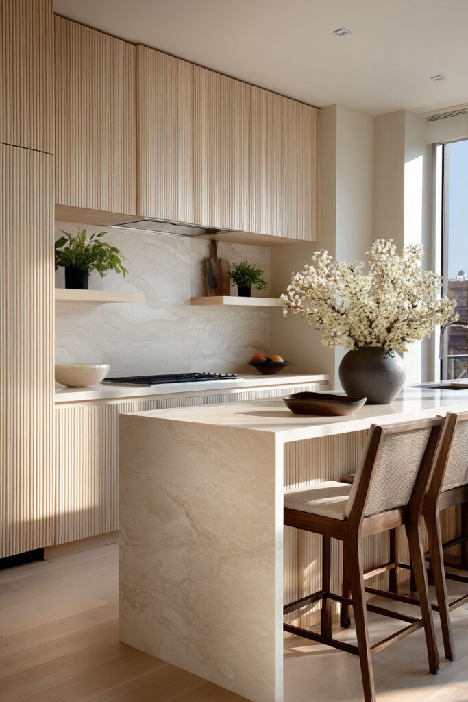 Modern neutral kitchen with fluted cabinetry, dimensional kitchen island, and stone backsplash featuring layered textured surfaces.
