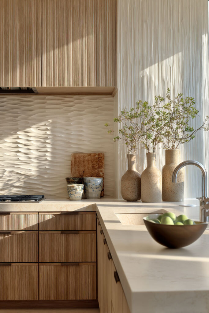 Neutral kitchen with ribbed wood cabinetry and sculpted dimensional backsplash, showcasing layered texture in modern kitchen design.