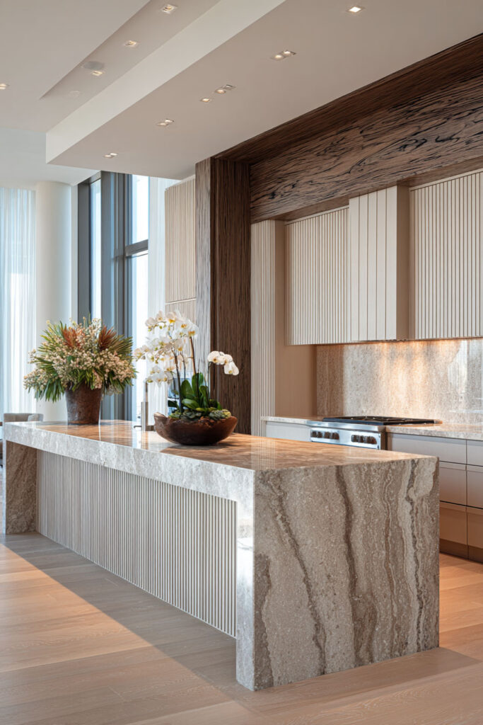 Kitchen with ribbed stone island, matching cabinetry, floral arrangements, wooden bowl, and sunlight highlighting textured surfaces
