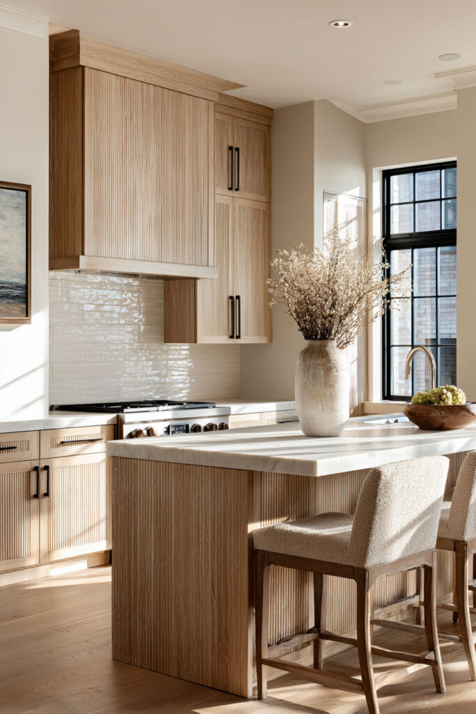 Warm neutral kitchen with ribbed wood cabinetry, textured backsplash, and dimensional surfaces creating depth in a modern organic kitchen design.