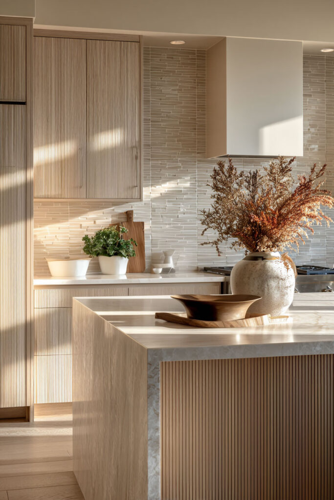 Ribbed wood kitchen cabinetry with textured tile backsplash and dimensional surfaces in a warm neutral modern kitchen