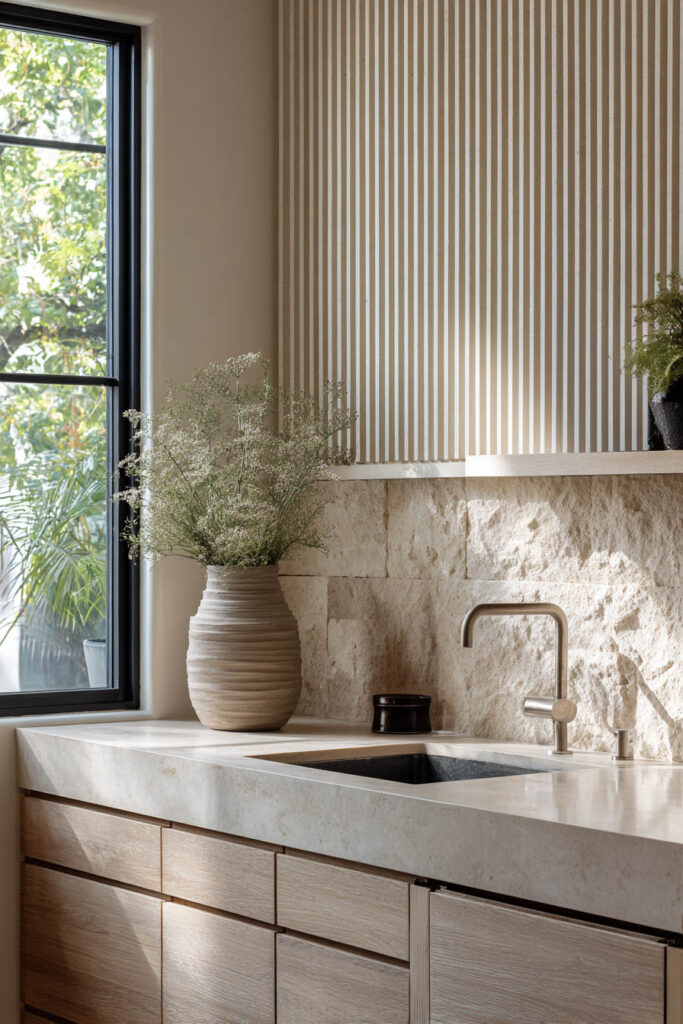 Neutral kitchen with fluted upper cabinetry, textured stone backsplash, and layered dimensional surfaces in warm natural tones.