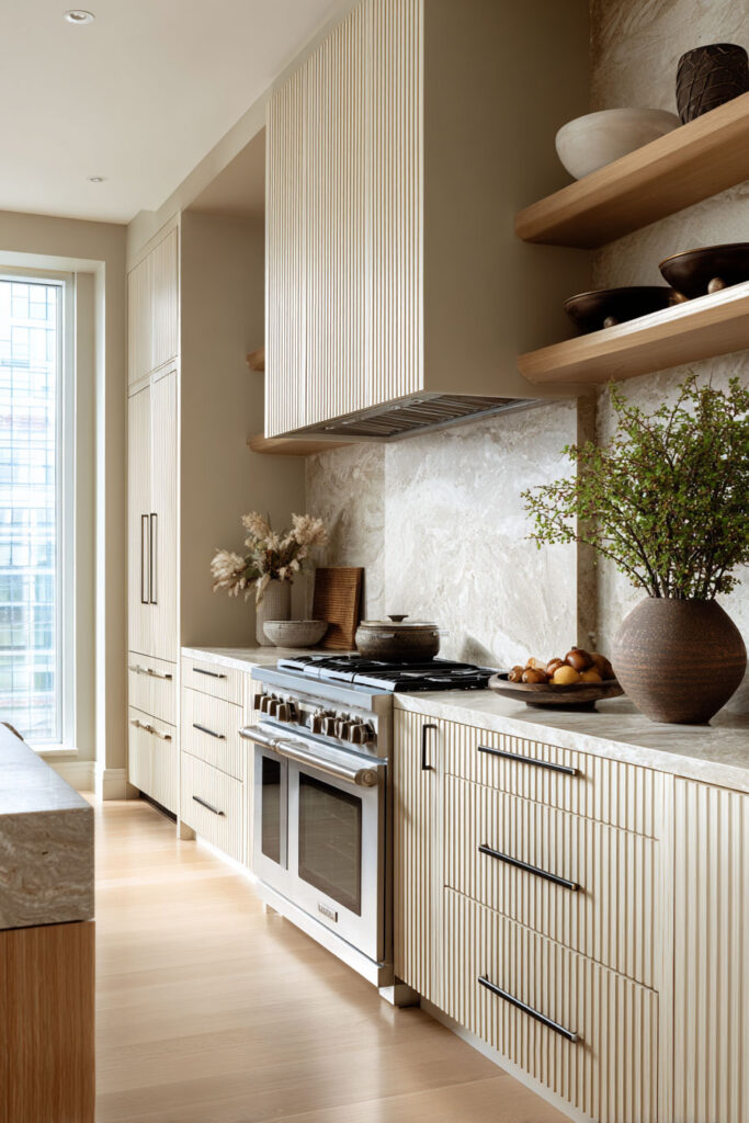 Kitchen with ribbed cabinetry, textured backsplash, open shelves with bowls and potted plant, natural sunlight highlighting neutral textures