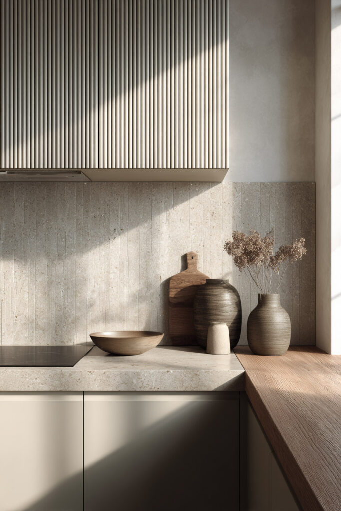 Neutral kitchen with ribbed cabinetry and textured stone backsplash, featuring dimensional surfaces and layered materials in a modern organic kitchen design.