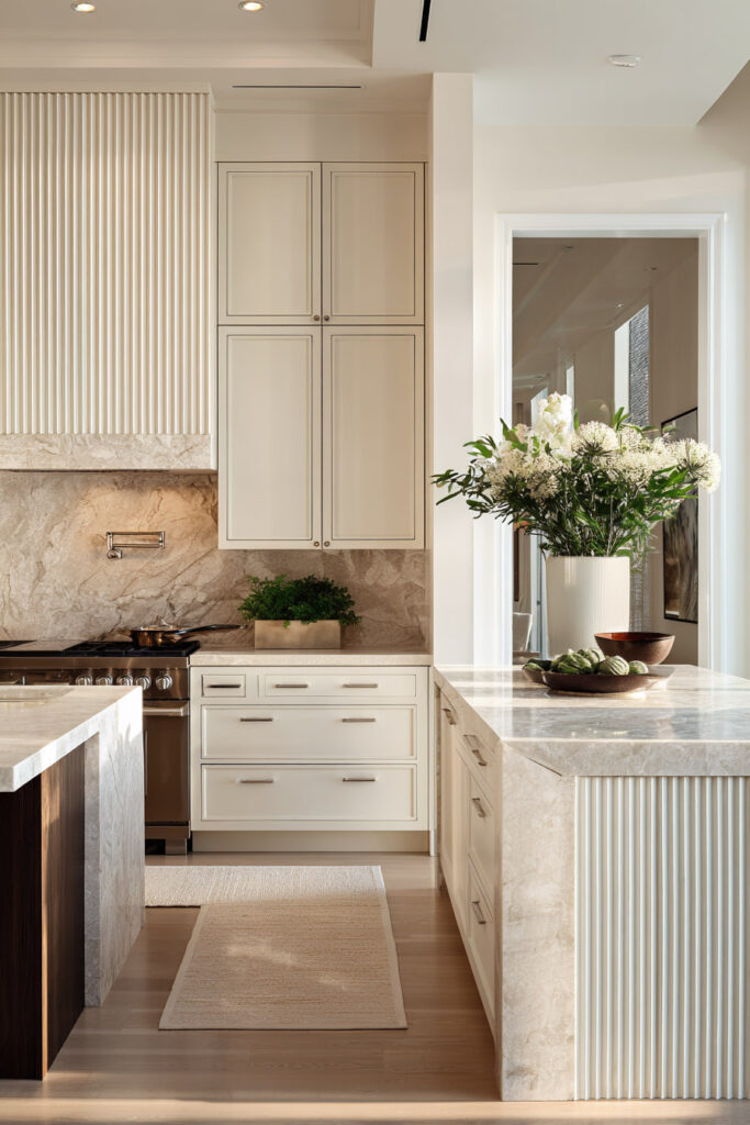 Warm neutral kitchen with ribbed island panels, stone backsplash, and dimensional surfaces creating depth in modern kitchen design