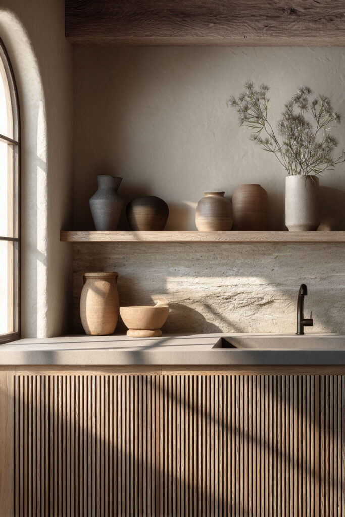 Neutral kitchen with ribbed wood cabinetry, textured stone backsplash, and layered dimensional surfaces in modern organic kitchen design.