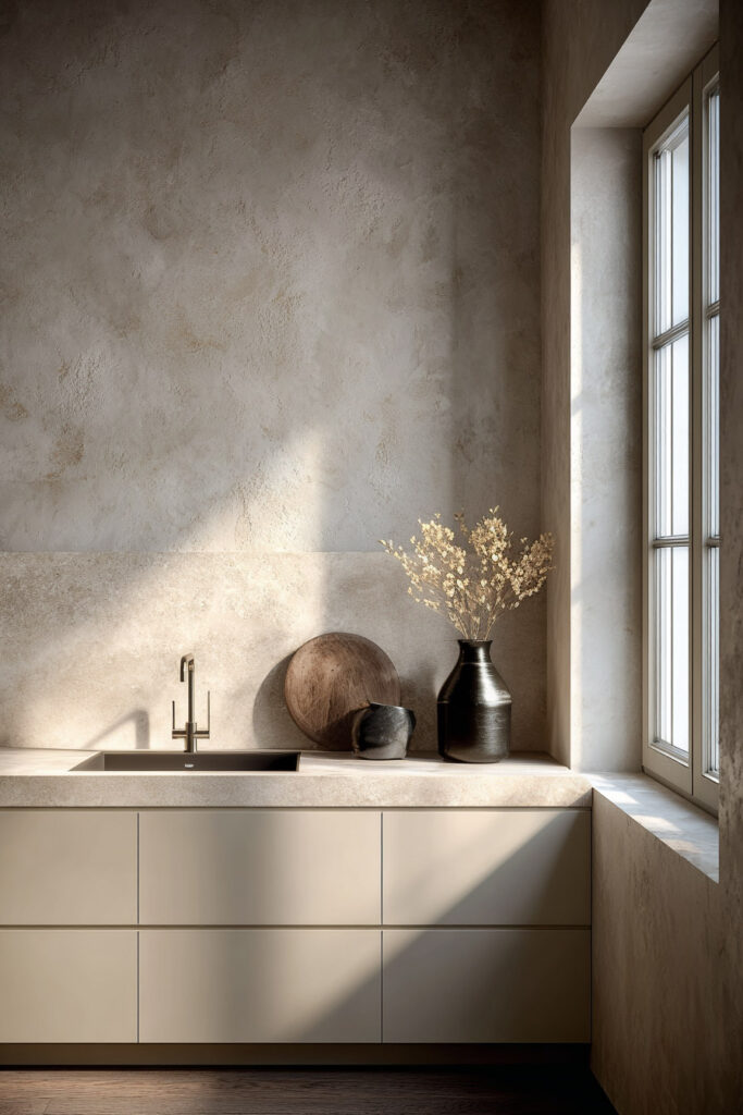 Neutral kitchen with plaster textured walls, minimalist cabinetry, and subtle dimensional surfaces creating warmth and depth