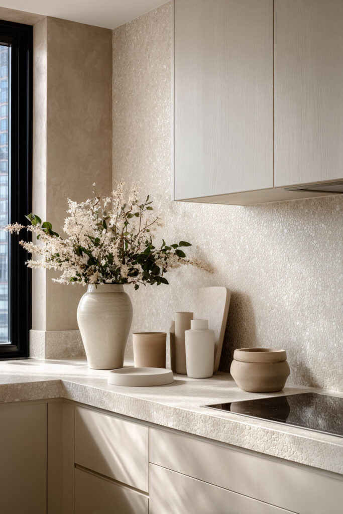 Neutral kitchen with subtle textured backsplash and countertop, soft beige cabinetry, and layered dimensional surfaces in warm tones.