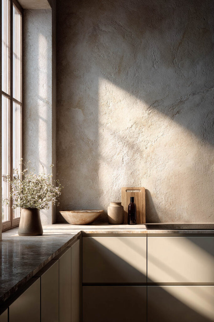 Neutral kitchen with subtle plaster-textured walls, smooth cabinets, countertop décor, and natural light