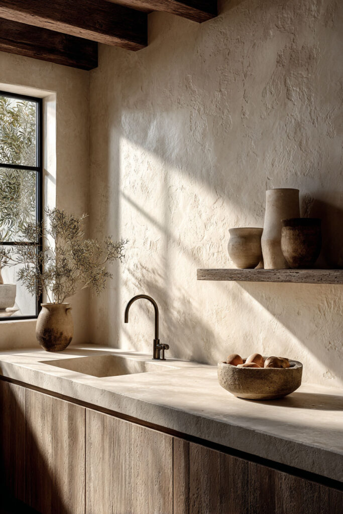 Neutral kitchen with textured plaster wall, natural stone countertop, and subtle dimensional surfaces creating depth in modern kitchen design.