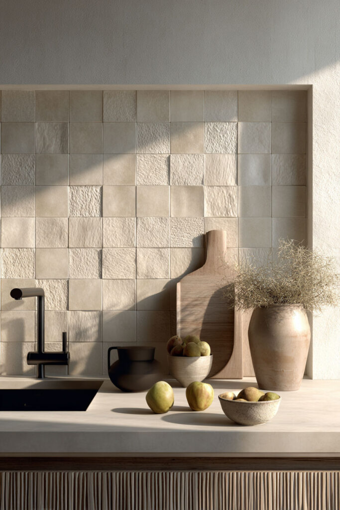 Neutral kitchen with subtle textured tile backsplash and ribbed cabinetry, showcasing dimensional surfaces and layered texture in modern kitchen design.