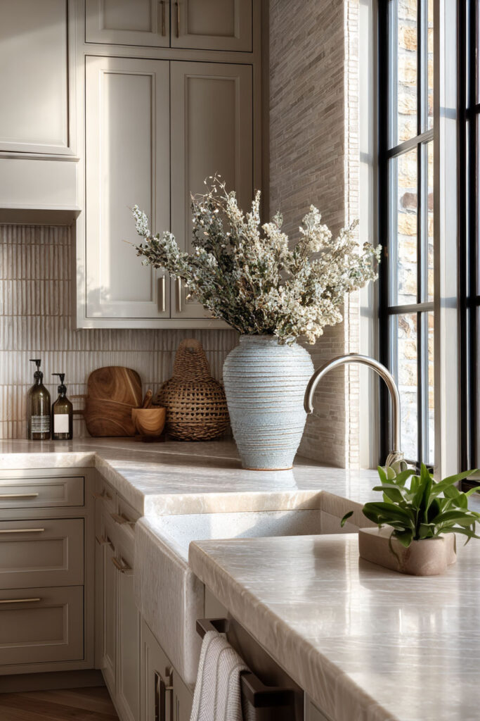 Neutral kitchen with textured backsplash, stone countertops, and subtle dimensional surfaces in a warm modern kitchen design