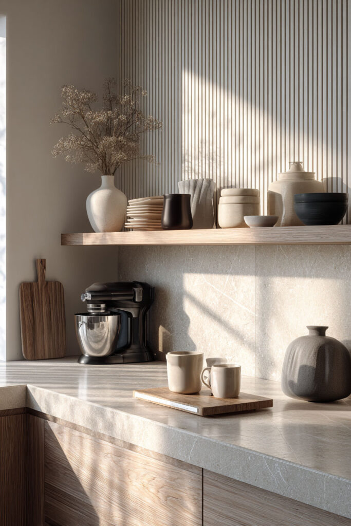 Neutral kitchen with subtle fluted wall paneling, stone backsplash, and warm wood cabinetry showing layered dimensional kitchen surfaces.