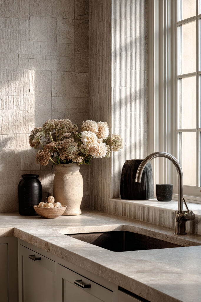 Neutral kitchen with subtle textured backsplash, stone countertop, decorative vases, dried flowers, and natural light