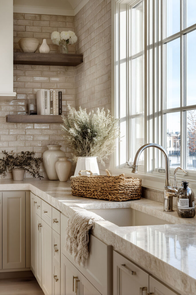 Neutral kitchen with textured glazed tile backsplash, farmhouse sink, and layered dimensional surfaces creating warmth in modern kitchen design.