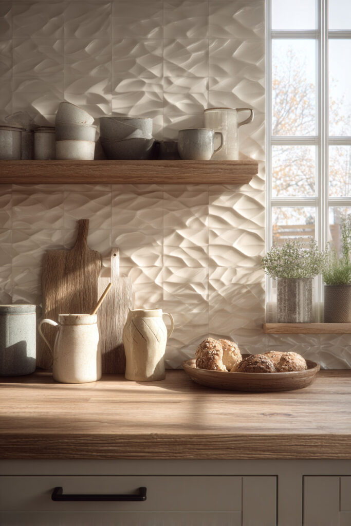 Neutral kitchen with sculpted textured tile backsplash and warm wood shelf creating dimensional surfaces and subtle kitchen texture