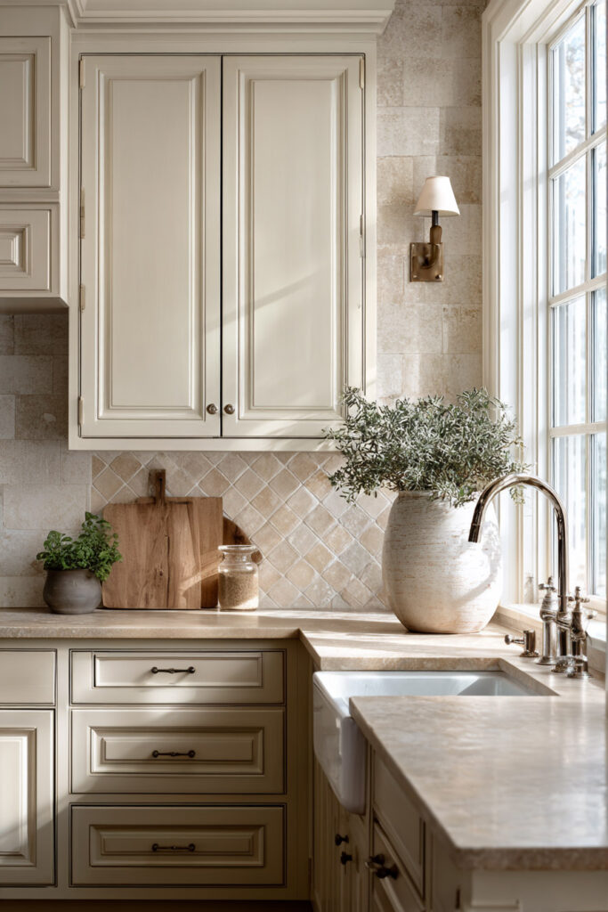 Neutral kitchen with subtle textured tile backsplash, classic cabinetry, and natural stone countertop showing soft dimensional kitchen surfaces.