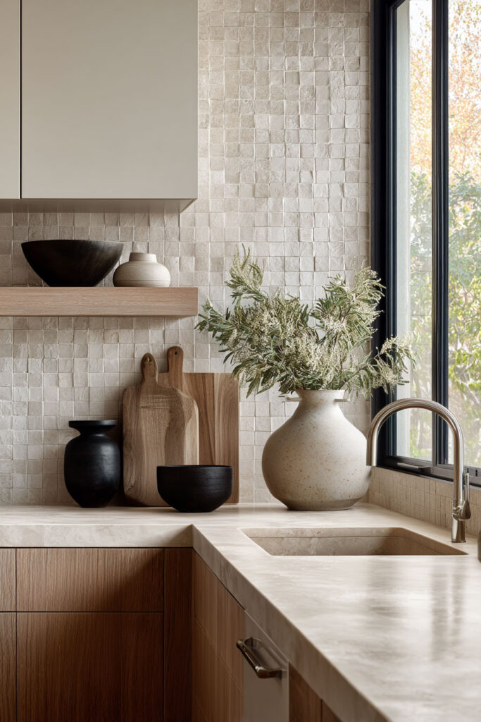 Neutral kitchen with small textured tile backsplash and natural materials, showcasing subtle dimensional surfaces in modern kitchen design.
