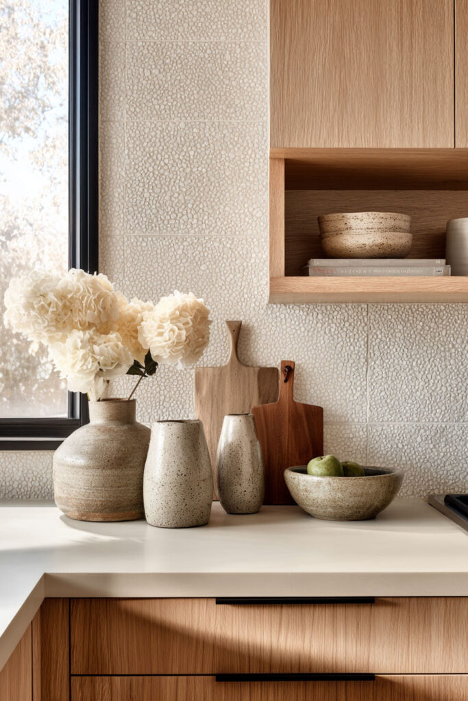 Neutral kitchen with subtle textured backsplash, light wood cabinets, ceramic vases, wooden cutting boards, and fruit bowl under sunlight