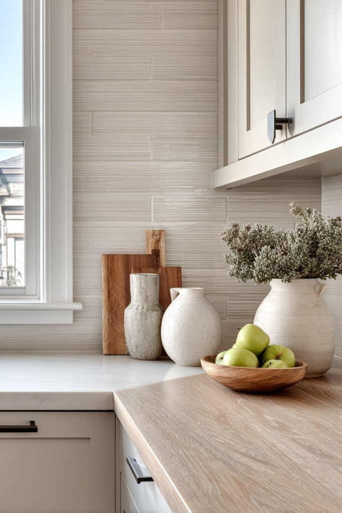 Neutral kitchen with subtle textured tile backsplash, light cabinetry, and warm wood accents showcasing dimensional surfaces and modern textured kitchen design.