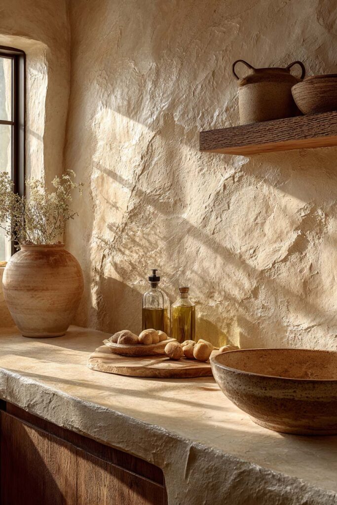 Organic textured kitchen with plaster walls, natural stone countertop, and dimensional surfaces in warm neutral kitchen design