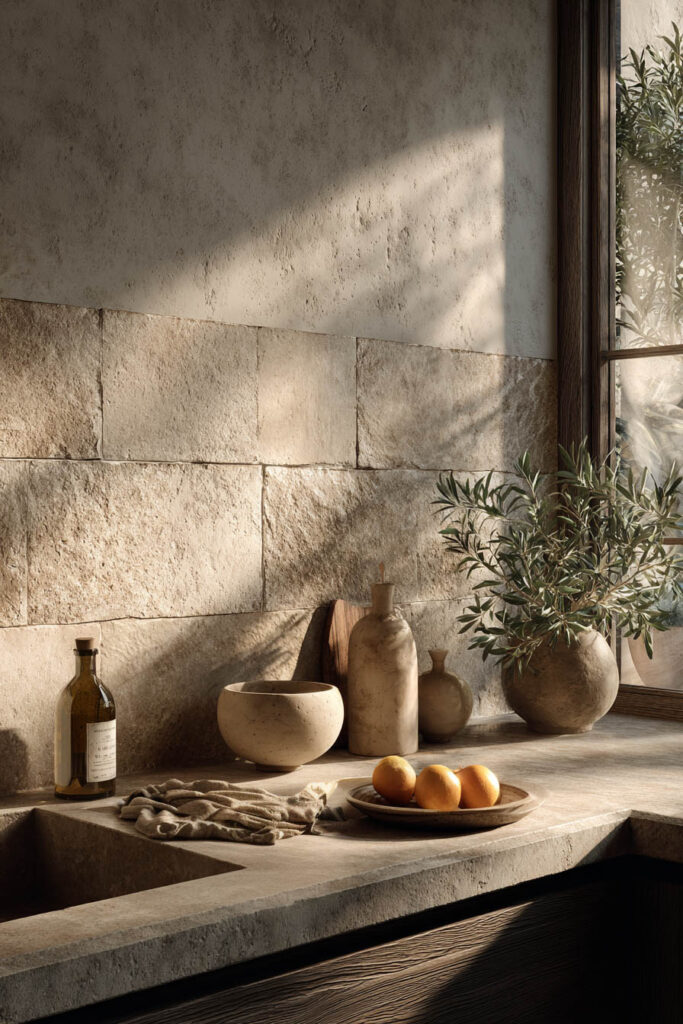 Organic modern kitchen with textured natural stone backsplash, plaster wall finish, and warm earthy dimensional surfaces.