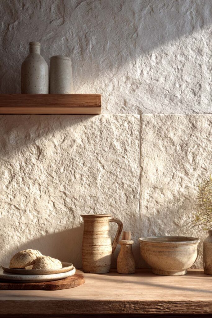 Close-up of organic textured stone and plaster backsplash in neutral kitchen, showcasing dimensional surfaces and natural material texture.