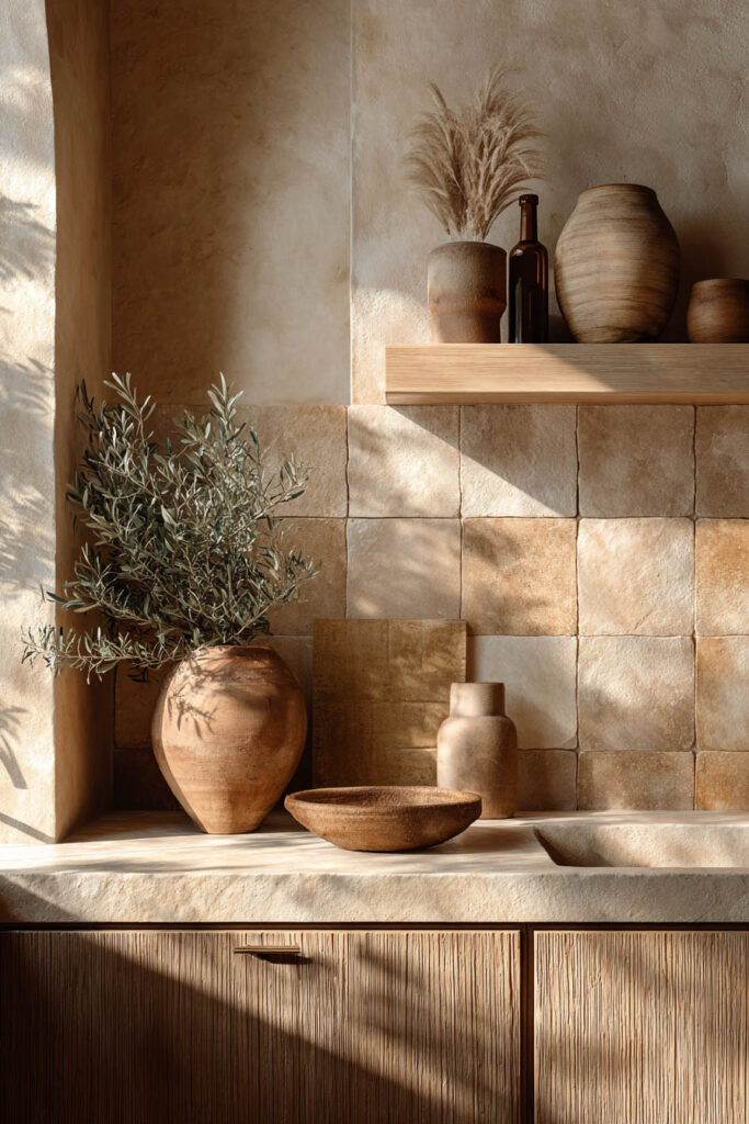 Warm neutral kitchen with organic textured tile backsplash, ribbed wood cabinetry, and natural materials showcasing dimensional surfaces in modern organic kitchen design.