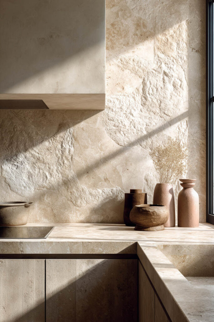 Organic stone kitchen backsplash with natural textured surface and dimensional stone walls in a warm neutral kitchen design