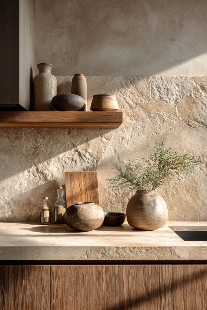 Organic modern kitchen with textured natural stone backsplash, warm wood cabinetry, and layered dimensional kitchen surfaces.