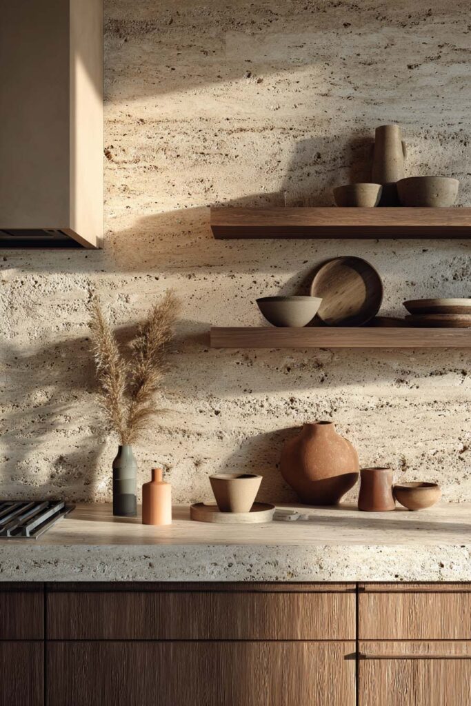 Warm neutral kitchen with organic textured stone backsplash and natural wood cabinetry, showcasing dimensional surfaces and layered materials in modern kitchen design.